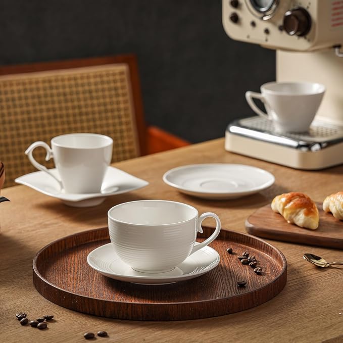 10 oz Cappuccino Cups with Saucers, Ceramic Espresso Coffee Cups Set of 4, White Latte Cup and Saucer, Elegant Tea Mugs Set, Microwave Dishwasher Safe Drinkware for Cafe, Housewarming Gift