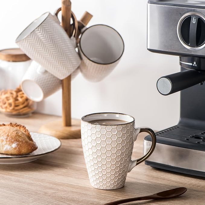 Ceramic Coffee Mug Set - 16 Oz Large Coffee Mugs - Embossed Stoneware Cups with Handle for Latte Tea Cappuccino Cocoa - Microwave Dishwasher Safe - Set of 4 - White