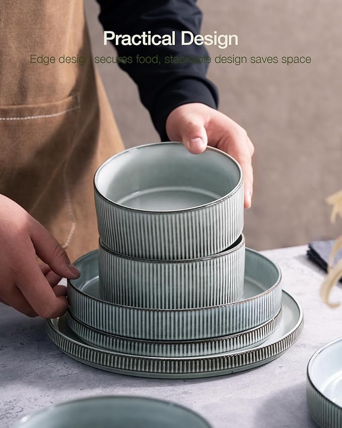 famiware Star Plates and Bowls Sets, Modern Stoneware Dinnerware Sets for 8, 24-Piece Kitchen Dish Set - Microwave and Dishwasher Safe, Chip and Scratch Resistant, Smoky Blue