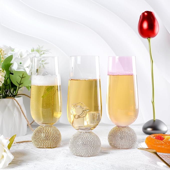 Champagne Flutes set of 4,Stemless Wedding Champagne Glasses,Unbreakable Crystal Fancy Mimosa Glasses,10 Oz Short Handle Champagne Flutes,for Engagement,Bachelorette Party,Birthday(Silver Pink)