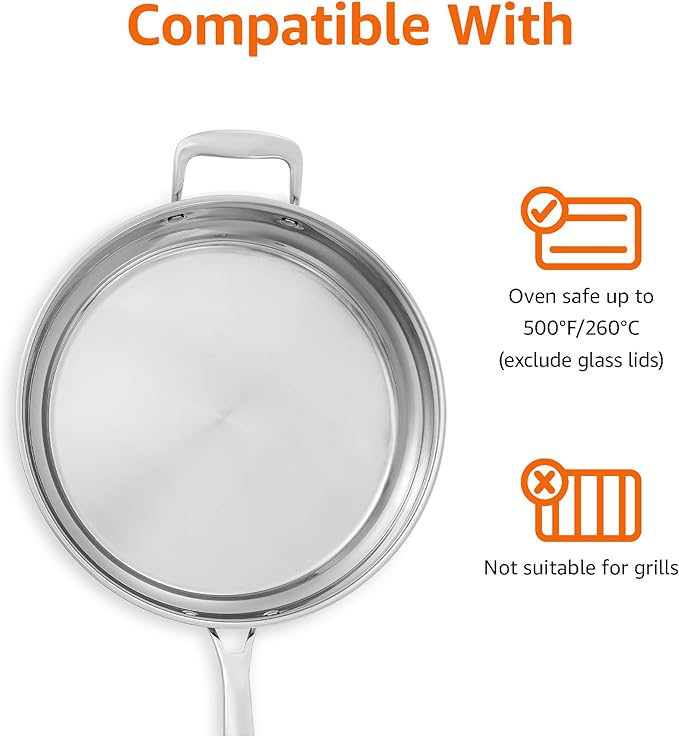 Amazon Basics Stainless Steel Cookware 15-Piece Set, Oven Safe, Pots and Pans, Induction-Ready, Even Heating, Easy to Clean, Heavy Duty, Silver