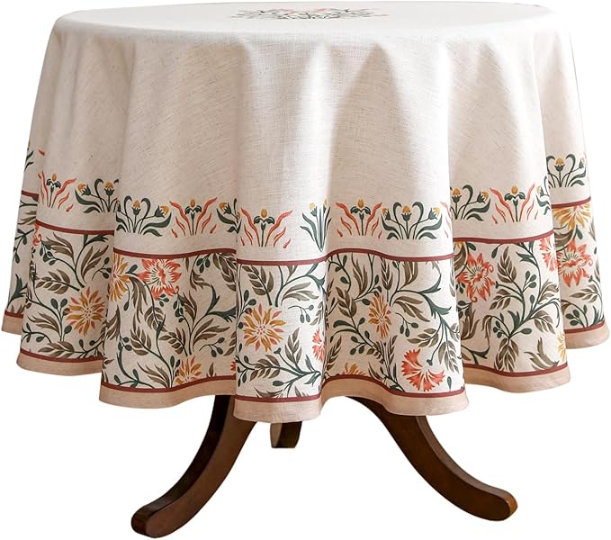 Floral Tablecloth for Round Tables,Linen Table Cloth with Double-Edged Lily Pattern,Heavy Durable Table Cover for Dining Thanksgiving Kitchen Decor Party Christmas,Diameter 67"