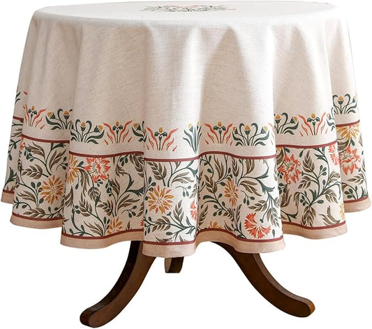 Floral Tablecloth for Round Tables,Linen Table Cloth with Double-Edged Lily Pattern,Heavy Durable Table Cover for Dining Thanksgiving Kitchen Decor Party Christmas,Diameter 67"