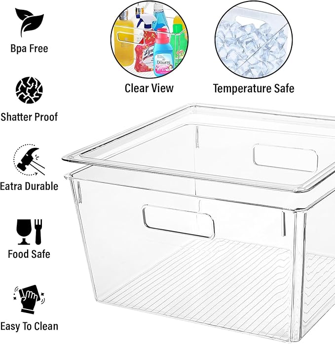 Extra Large Stackable Clear Plastic Storage Bins with Lids, Perfect for Kitchen Organization or Pantry Organization and Storage, Fridge Organizer Bins for Organizing, Under the Sink Organizers