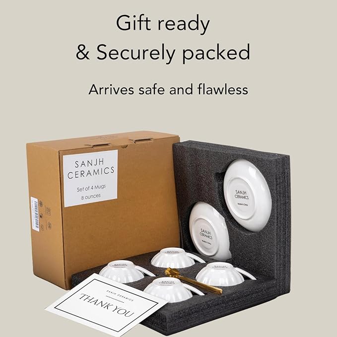 8oz Cappuccino Cups Set of 4 – Porcelain Gold Rimmed White 4 Cappuccino Cup and Saucer Set & Gold Spoons, Latte Cups, Coffee & Tea Mug and Saucer Set