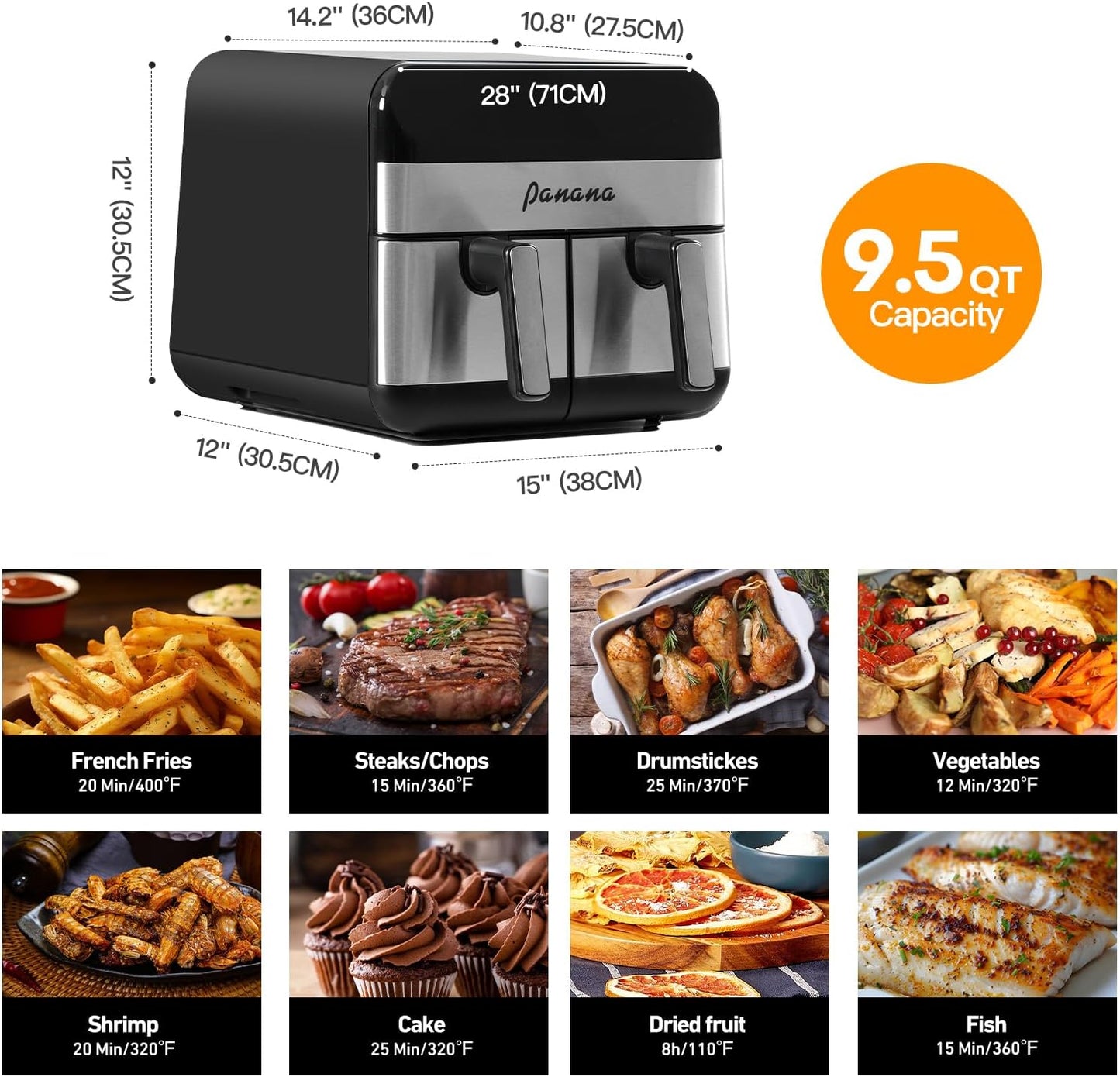 Panana XL 9.5 Quart 8 Preset Cooking Functions 2-Basket Air Fryer with 2 Frying Baskets, Match Cook & Smart Finish to Bake, Roast, Reheat, Broil, Dehydrate & More for Quick, Easy Meals