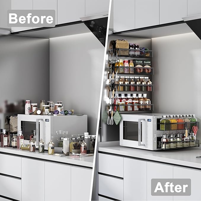 Magnetic Spice Rack for Refrigerator, 6 Pack Magnetic Shelf, Fridge Magnet Organizer with Moveable 12 Hooks, Magnetic Fridge Shelf for Kitchen Organization and Storage (6 Pack)