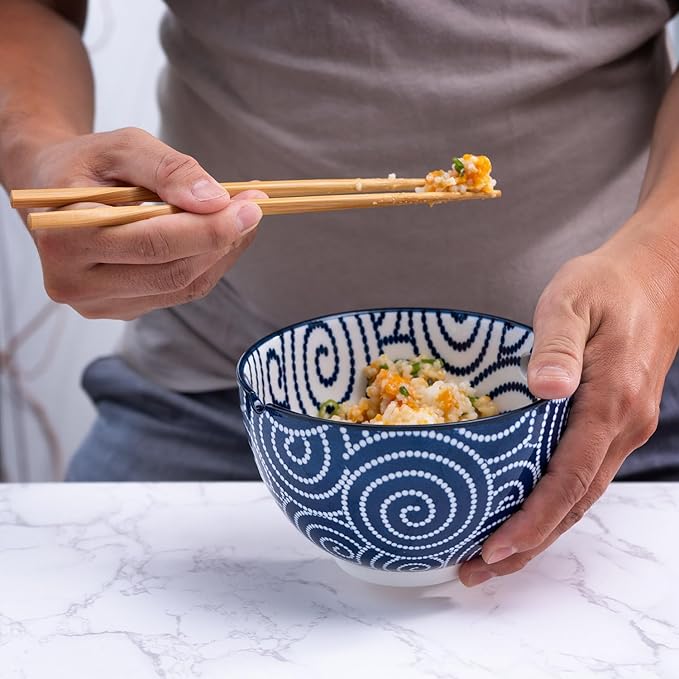 Urban Tokyo Porcelain Japanese Motif Design Ramen Udon Noodle Rice Bowl With Chopsticks 20 fl oz 6 inch Diameter Bowl Sets Color Box Packaging (Brush Swirl)