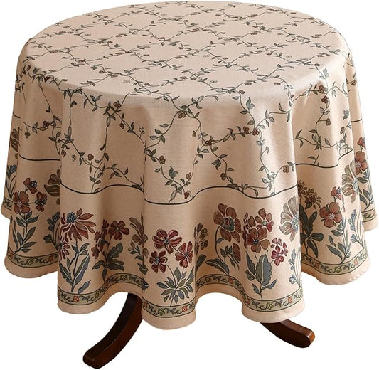 patdrea Designer Floral Linen Table Cloth Durable Breathable Tabletop Cover Dacorative Kitchen Dining Tablecloth for Round Tables for Kitchen Dining Parties,Holiday Christmas,Diameter 55"