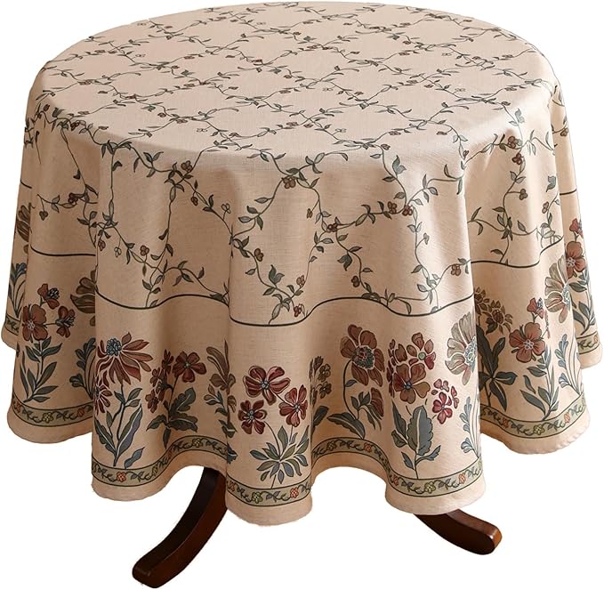 patdrea Designer Floral Linen Table Cloth Durable Breathable Tabletop Cover Decorative Kitchen Dining Tablecloth for Round Tables for Kitchen Dining Parties,Holiday Christmas,Diameter 67"