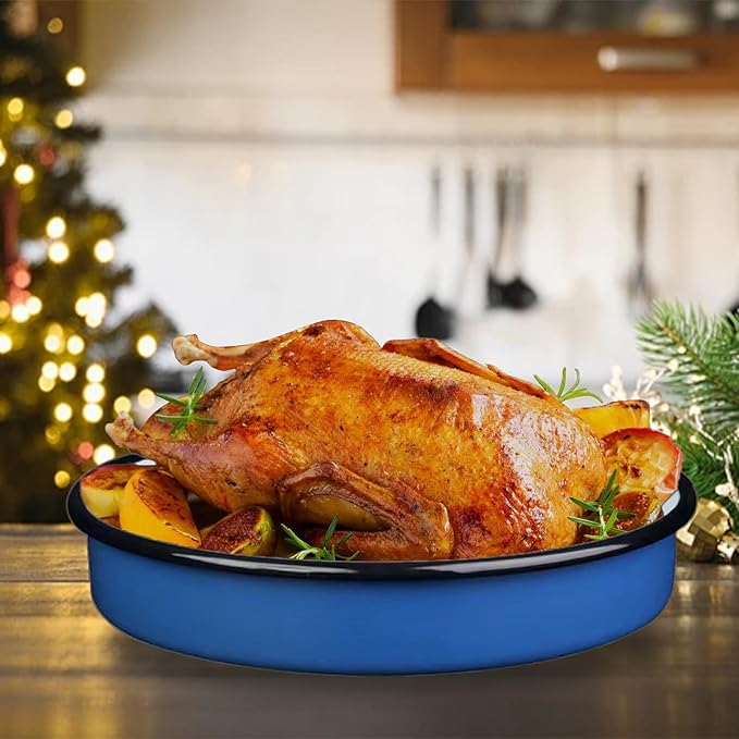 3-Pack Enamel Roasting & Baking Pan Set 10/12/14 Inch Round Deep Cake Pans for Turkey Pizza Casseroles Desserts Oven & Dishwasher Safe up to 932F Thanksgiving Holiday Gifts & Baking Dishes