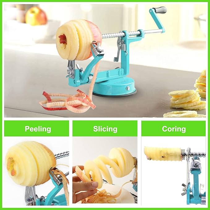 Apple Peeler Corer, Long lasting Chrome Cast Magnesium Alloy Apple Peeler Slicer Corer with Stainless Steel Blades and Powerful Suction Base for Apples and Potato(Blue)