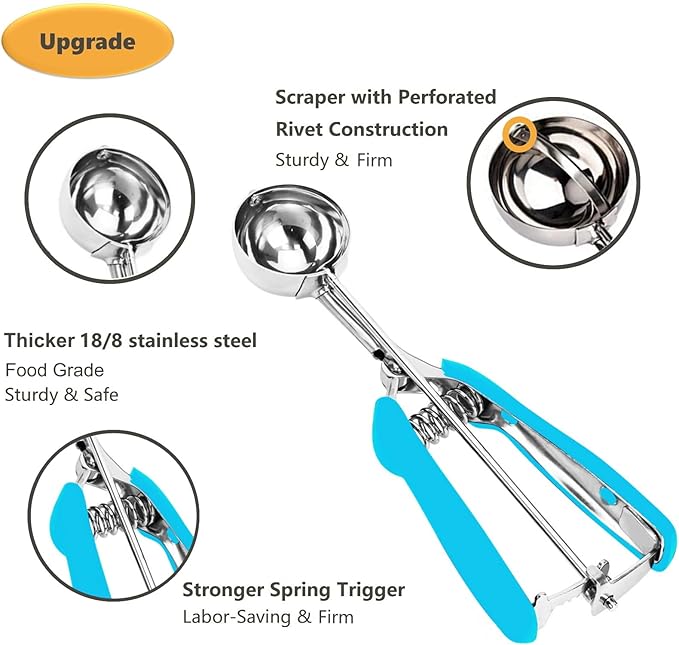Cookie Scoop Set, 3Pcs Ice Cream Scoop, Cookie Scoops for Baking Set of 3, 18/8 Stainless Steel Cookie Scooper for Baking, Ice Cream Scooper with Trigger Release, Blue Soft Grip Cookie Dough Scoop