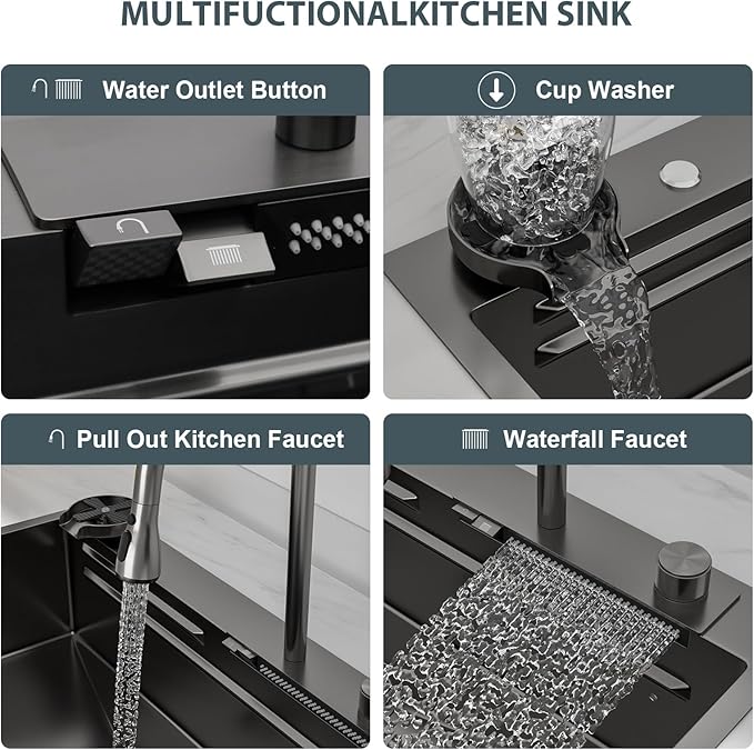 Lordear 33 Inch Black Smart Waterfall Drop In Kitchen Sink With Faucet 33x19 Inch Worktation Topmount Sink 16 Gauge Stainless Steel Single Bowl Ledge Kitchen Sinks Handmade