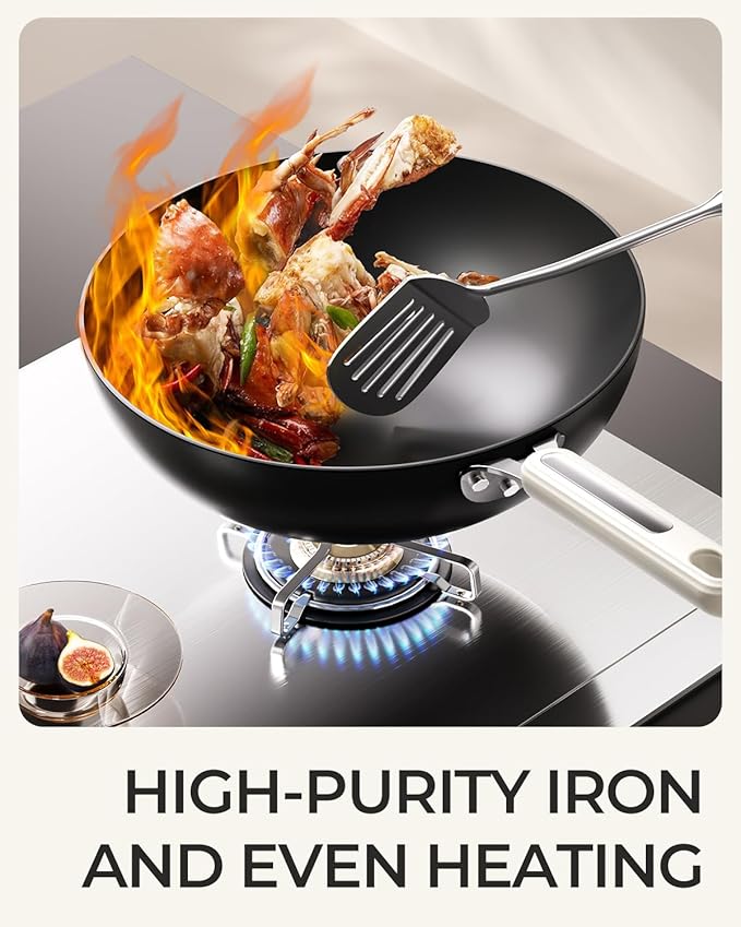 Carbon Steel Wok Pan - 11.8 Inch Pre-Seasoned Flat Bottom Chinese Woks & Stir Fry Pans with Lid, Lightweight Kitchen Cookware for All Stovetops, Gas, Electric, Gift for Women/Mom with Spatula Spoon