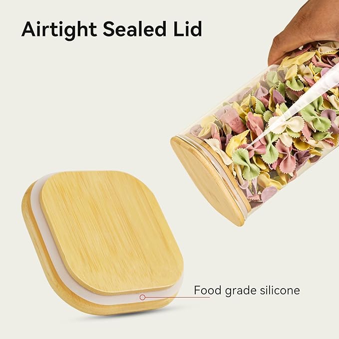 82 Oz Glass Storage Containers with Bamboo Lids, Square Glass Canister Sets Clear Glass Pantry Storage Containers with Lids for Cookie Flour Oat Pasta Tea Coffee Bean, Set of 3