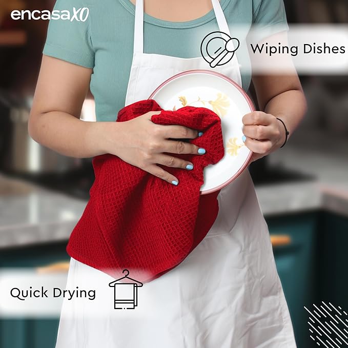 Encasa XO Kitchen Dish Towels Set | Red | Waffle Weave and Flat Hand Tea Towel | 28"x18" | Quick Drying Reusable Cotton Washcloths | Multipurpose Lightweight Dishcloths Set of 4