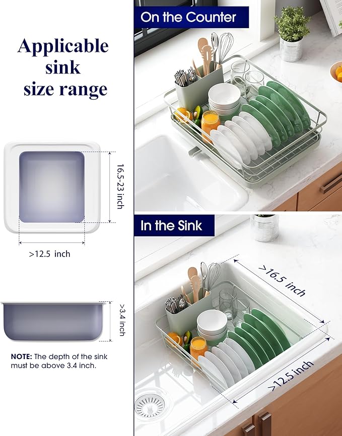 Kitsure Dish Drying Rack for Kitchen Counter, Stainless Steel Sink Organization and Storage Essentials with Cutlery Holder, Home and Appartment Decor, 12''W x 15.5''L, Light Grey