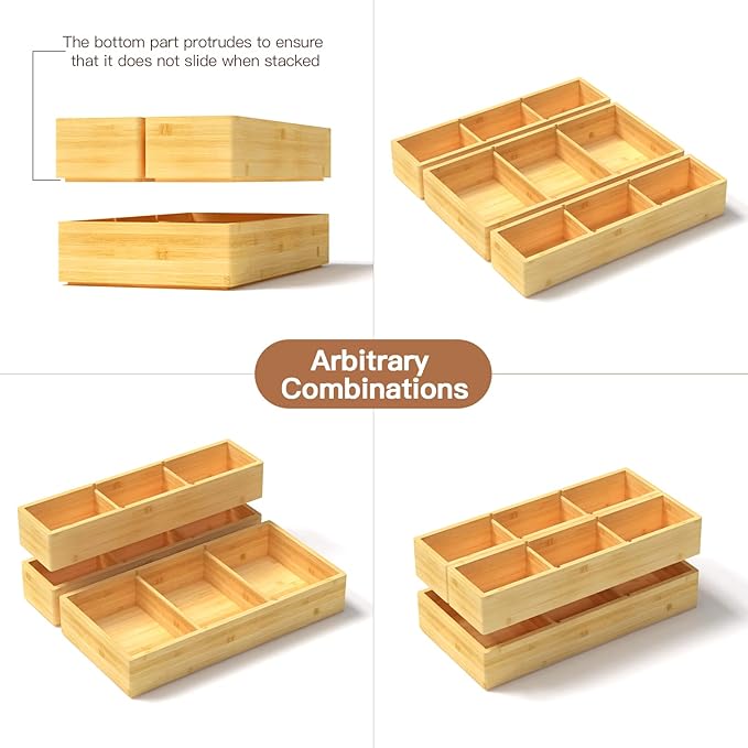 Bamboo Drawer Organizer 12.5'' X 12.5'' X 2'', Adjustable 3 Individual Junk Drawer organizer for Bathroom and Kitchen, Wood Drawer Tea Organier Boxes for Silverware, Make up and Tea Bag