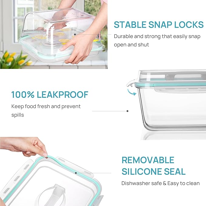 Vtopmart 6.5L/ 220oz/ 27.5cup Extra Large Glass Food Storage Containers with Snap Airtight Lids for Roasting Turkey, Chicken, Baking Casserole, Fruits, Party, BPA Free, Oven Safe, Freezer, Dishwasher