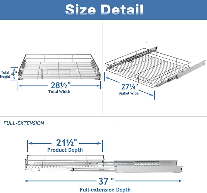 Pull Out Cabinet Organizer 28½" W x 21½" D, Heavy Duty Cabinet Pull Out Shelves, Slide Out Drawers Organization for Kitchen Cabinets Bathroom