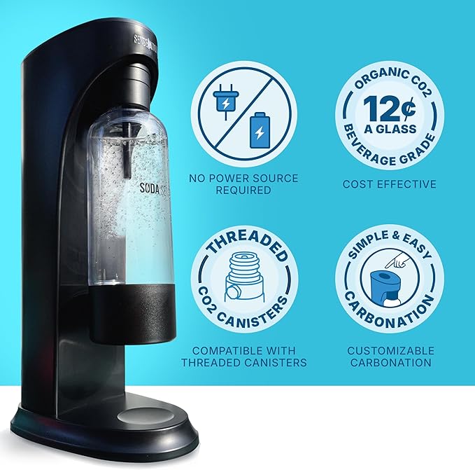 Soda Sense SENSEation Sparkling Water Maker Bundle, Includes Machine, 3 Threaded CO2 Canisters & Re-usable Carbonation Bottle