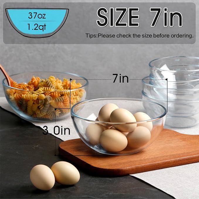 NUTRIUPS 7 Inch Medium Glass Prep Bowls, 37oz Glass Bowl Set, Clear Tempered Glass Salad Bowls for Kitchen Microwave and Oven Safe