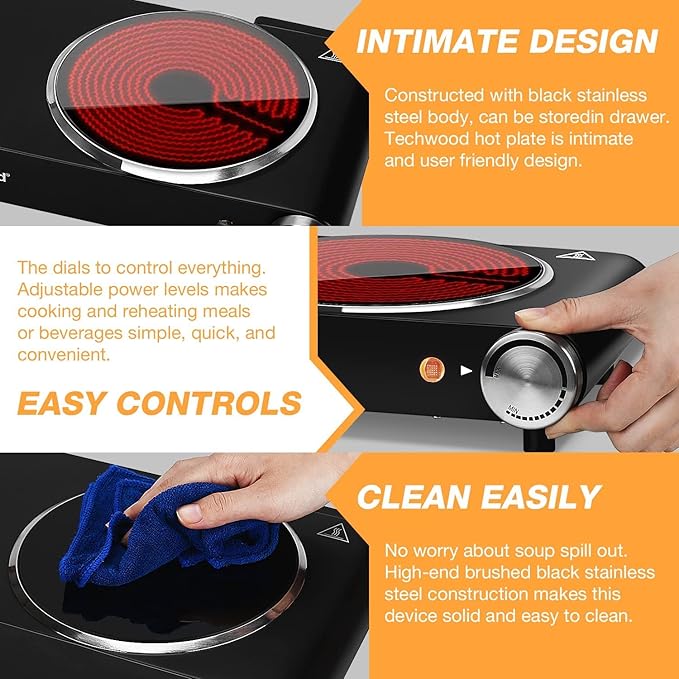 Hot Plate, Techwood Single Burner for Cooking, 1200W Portable Infrared Ceramic Electric Stove with Adjustable Temperature, 7.1” Cooktop for Home/RV/Camp, Compatible for All Cookwares, Black