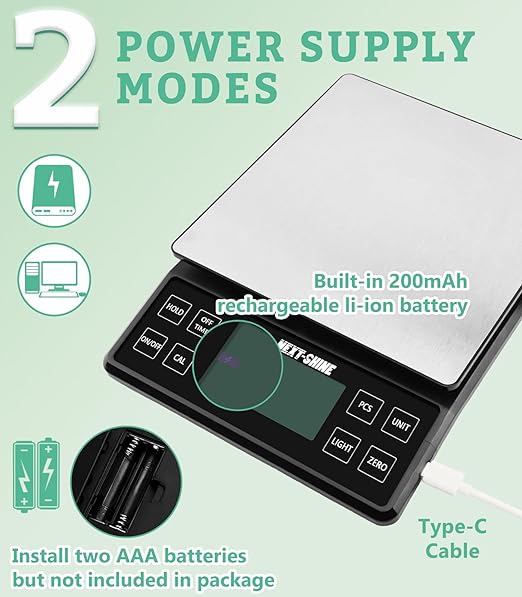 NEXT-SHINE Food Kitchen Scale 11lb, 0.1g/0.01oz Precise Graduation Rechargeable Digital Scale with Nine Units Large Tray Stainless Steel Platform LCD Display for Meal Prep Cooking Baking