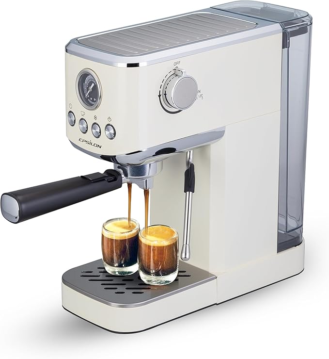 Epsilon Coffee Machine with Milk Frother, Compact 20-Bar Espresso Maker, Hot and Iced Coffee Maker with Removable Water Tank, Cold Brew Feature, and Steam Wand, 1.2L Capacity - Stainless Steel