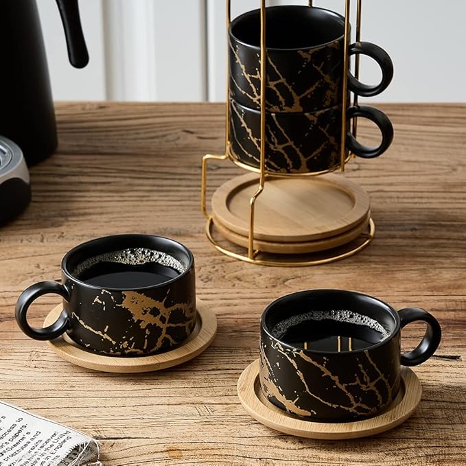 LUKA Porcelain Espresso Cup with Metal Stand, 6 Ounce Stackable Ceramic Demitasse Espresso Mugs Cappuccino Cups Set for Latte,Coffee,Cafe Mocha,Tea(Set of 4,Black)