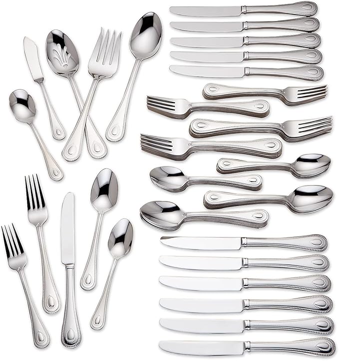 Lenox Silverware Set For 12, French Perle 65-Piece Flatware Set with Serving Utensils, Service For 12, Elegant 18/10 Stainless Steel Utensils with Beading, Knives Spoons & Forks (Silver, 65 Piece)