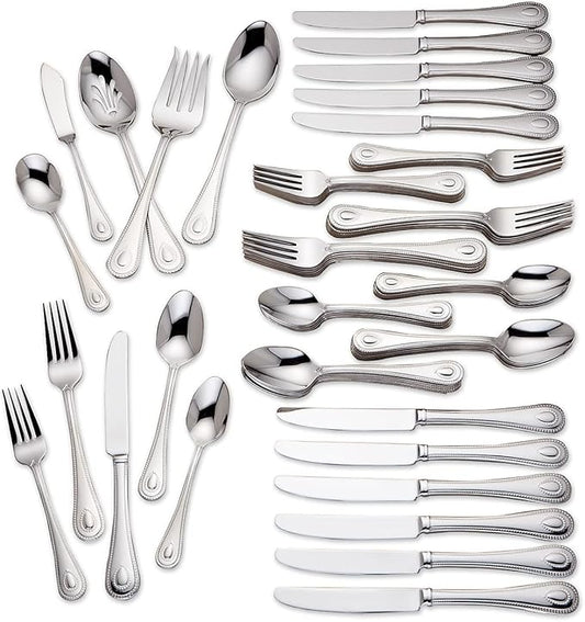 Lenox Silverware Set For 12, French Perle 65-Piece Flatware Set with Serving Utensils, Service For 12, Elegant 18/10 Stainless Steel Utensils with Beading, Knives Spoons & Forks (Silver, 65 Piece)