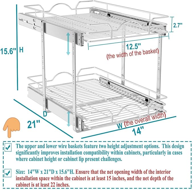 OCG 2 Tier Pull Out Cabinet Organizer (14" W x 21" D), Pull Out Drawers for Kitchen Cabinets, Pull Out Shelves for Base Cabinet Organization in Kitchen Bathroom Pantry, Chrome Finish