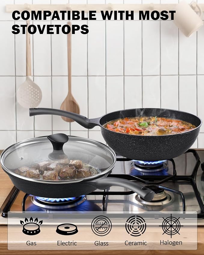 Cook N Home Marble Nonstick Cookware Saute Fry Pan, 8-inch + 9.5-inch, Black