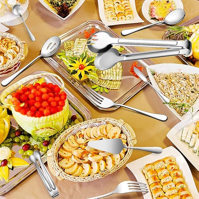 12 PCS Stainless Steel Serving Utensils, Large Spoons Slotted Spoons Forks Tongs, Ice Suger Tongs, Pie Server, Butter Knife, Coffee Spoons, Great for Buffet Catering Banquet Party, Silver