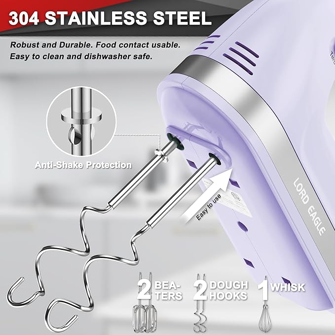 Lord Eagle Hand Mixer Electric 400W, 5 Speed handheld Mixer, 5 Stainless Steel Accessories for Baking Cake Egg Cream Food Beater, Turbo Boost/Self-Control Speed + Eject Button
