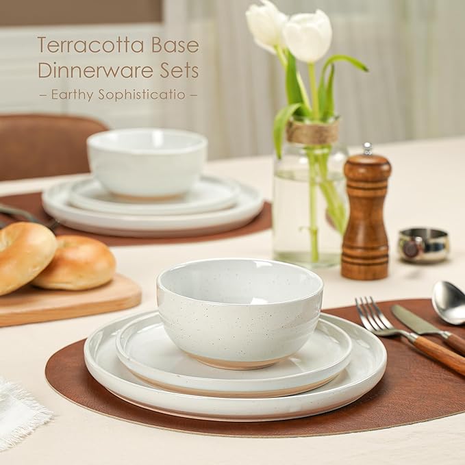 12 Pieces Farmhouse Stoneware Dinnerware Sets, Speckled Ceramic Plates and Bowls Set, Matte Terracotta Underside Ceramic Dishes Set for 4, Scratch Resistant Microwave & Dishwasher Safe (Daylight)
