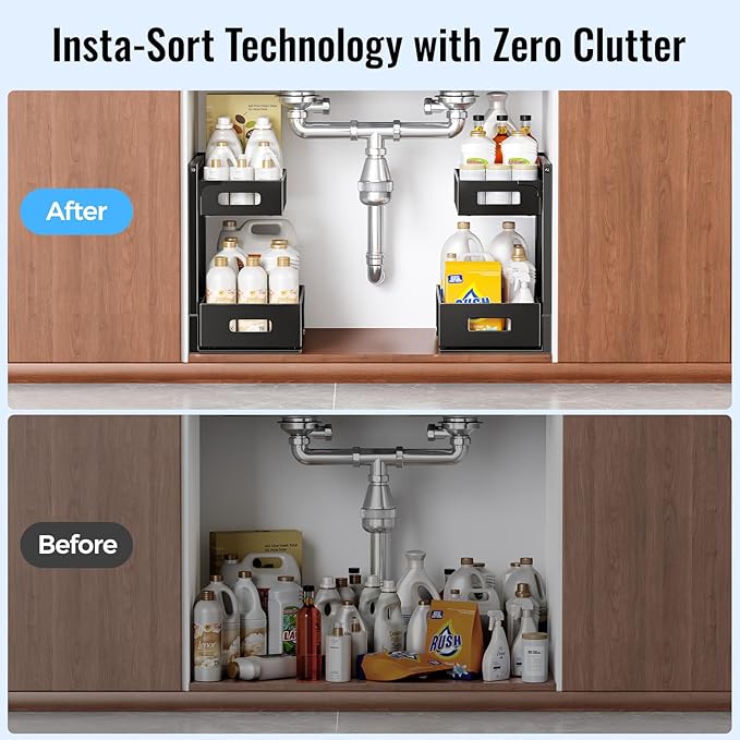 2 Pack Under Sink Organizer and Storage, Metal Under Kitchen Sink Organizer, Slide Out Bathroom Organizers and Storage, Undersink Organizers for Kitchen Bathroom Cabinet