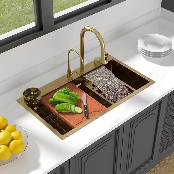 Lordear 33 Watefall Gold Kitchen Sink Drop In 33x19x9 Inch Topmount Sink Stainless Steel 16 Gauge Single Bowl Multifunctional Workstation Sinks with Built-in Accessories