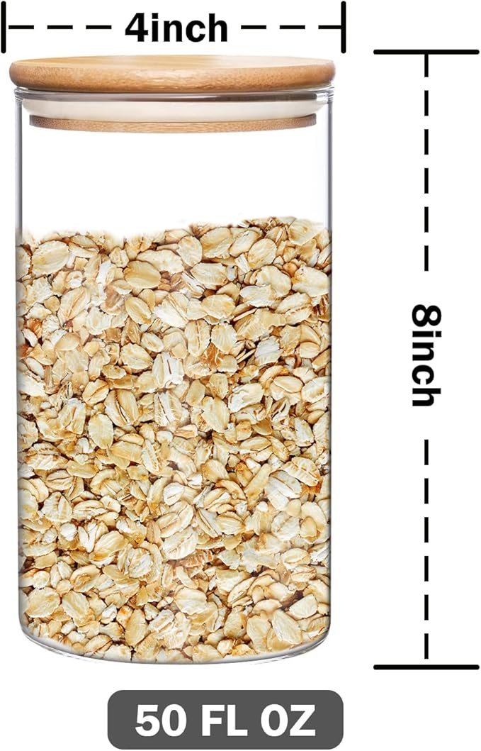 umieo Large Glass Flour and Sugar Containers 50oz Set of 2, Glass Jar with Airtight Lids, Clear Storage Containers with Bamboo Lids for Rice, Oat, Nuts, Candy, Cereal, Coffee, Beans