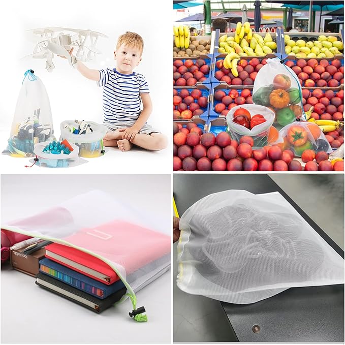 8 Reusable Blue Mesh Produce Bags - Large (12"x17") Washable See-Through Mesh for Fruit, Veg, Toy Storage