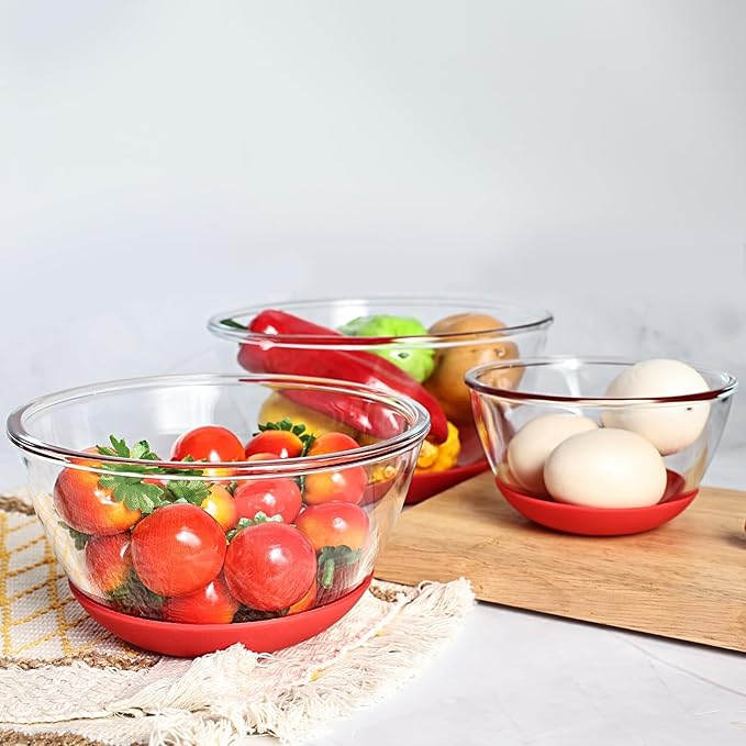 Glass Mixing Bowls Set of 3 with BPA-Free Airtight Lids, Large Nesting Bowls with Non-Slip Silicone Base, Ideal for Food Storage, Dishwasher & Microwave Safe, Sizes: 2, 1, 0.5 QT Red