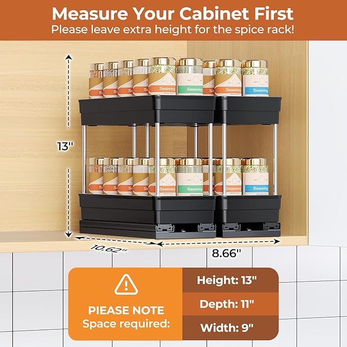 Pull Out Spice Rack Organizer for Cabinet, Slide Out Spice Racks Organizer, Easy to Install Spice Cabinet Organizers, 4.3''Wx10.6''Dx8.7''H, 2 Pack-2 Tier(Black)
