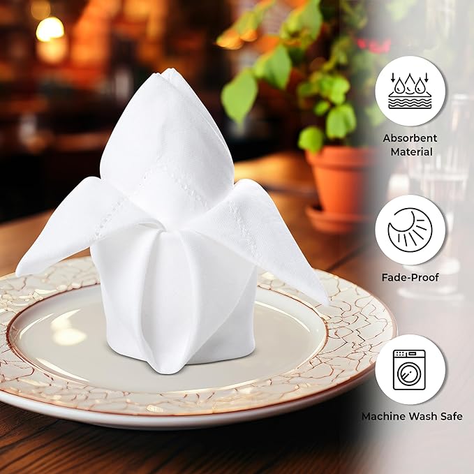 Urban Villa Cloth Napkins White Hemstitch Dinner Napkins Set of 12 (20X20) 100% Cotton Absorbent Washable Durable Reusable Ideal for Hotel Collection Farmhouse Party Thanksgiving Fall Dinner Napkins