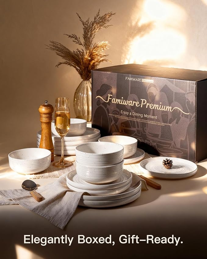 Stoneware Dinnerware Sets, Plate and Bowl Sets for 8, 24 Pieces Spiral Flared Dishware Set with Speckles & Reactive Glaze - Microwave and Dishwasher Safe Tableware, White