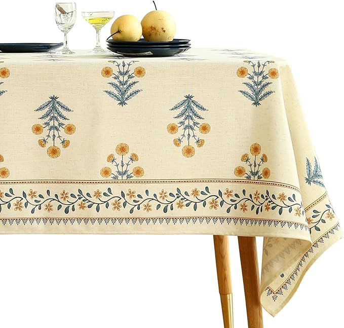 French Tablecloth for Square Tables,Linen Table Cloth with Yellow Flowers and Leavs Pattern,Heavy Durable Table Cover for Dining Thanksgiving Kitchen Decor Party Christmas,67"*67"