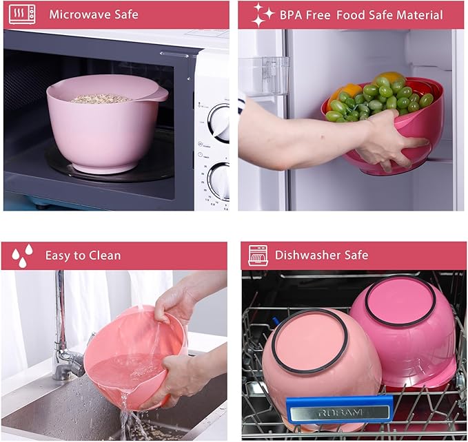 BoxedHome Classic Mixing Bowl Set, BPA Free Plastic, Microwave and Dishwasher Safe (Set of 4, Pink), 4.5 quarts