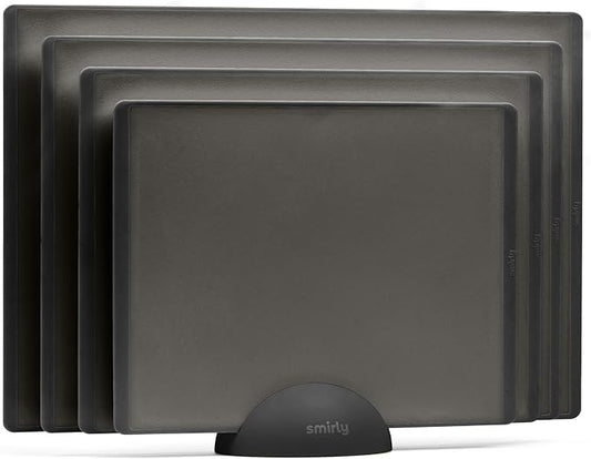 SMIRLY Plastic Cutting Board Set with Holder 4 Pieces, Non-Slip Dishwasher Safe Chopping Boards for Kitchen, Dark Grey