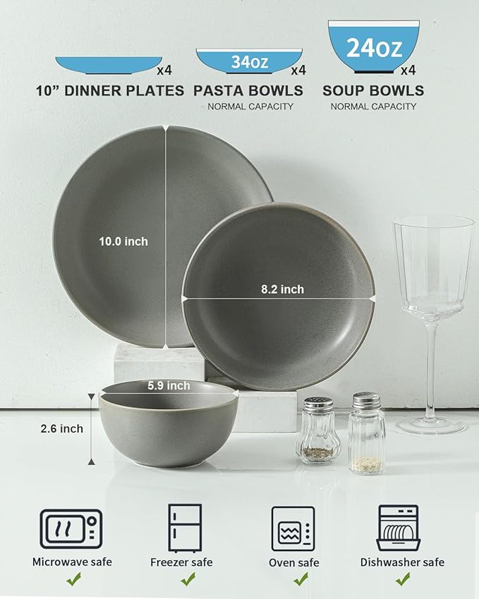 Dinnerware Sets for 4, 12 Pieces Stoneware Plates and Bowls Sets, Ceramic Dishes Set of 4, Scratch Resistant Dishware Sets, Dishwasher & Microwave Safe, Grey